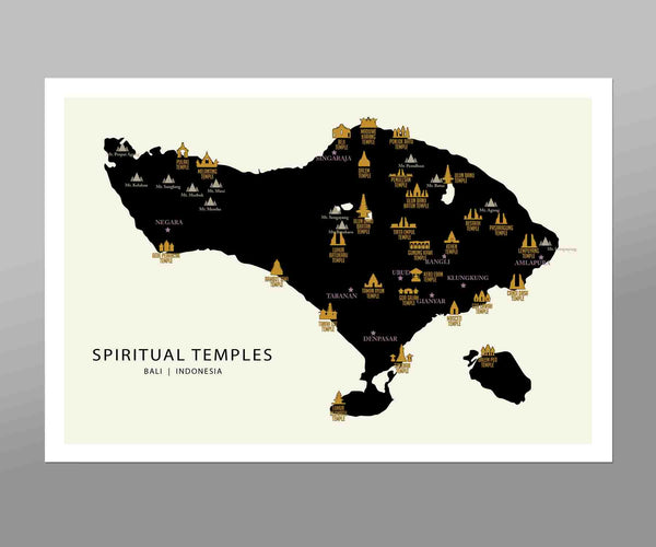 Bali Spiritual Temples Map Poster - 13x19, 16x24 or 24x36 Inches