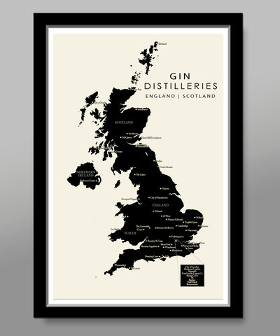 Gin Distilleries Poster | England Scotland Minimalist Map - 13x19 16x24 or 24x36 Inches