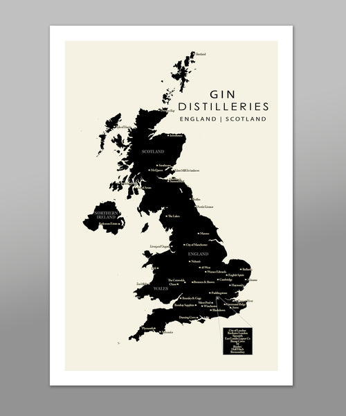Gin Distilleries Poster | England Scotland Minimalist Map - 13x19 16x24 or 24x36 Inches