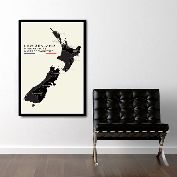 New Zealand Wine Regions and Grape Varieties Minimalist Map - 13x19 16x24 or 24x36 Inches - Home Decor