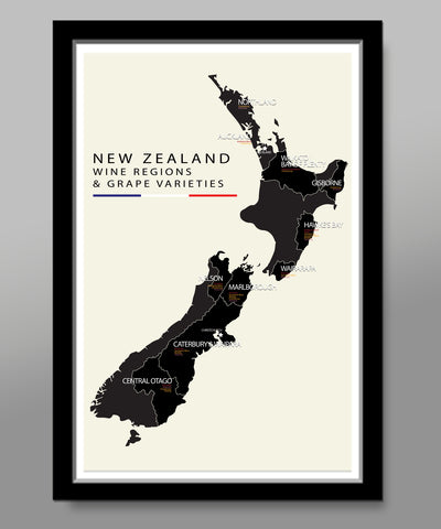 New Zealand Wine Regions and Grape Varieties Minimalist Map - 13x19 16x24 or 24x36 Inches - Home Decor