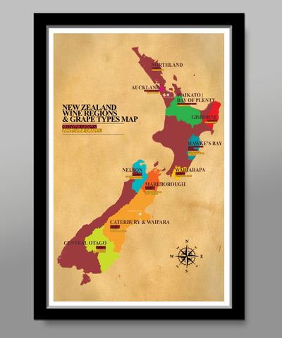 New Zealand Wine Regions Map - 13x19 16x24 or 24x36 Inches - Home Decor