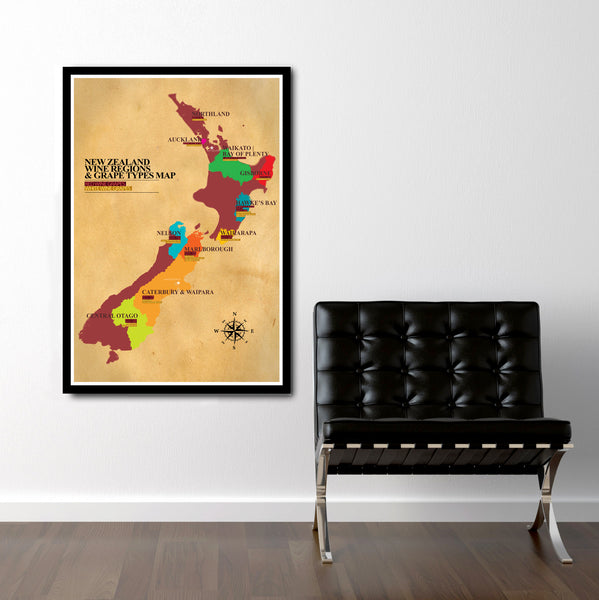 New Zealand Wine Regions Map - 13x19 16x24 or 24x36 Inches - Home Decor