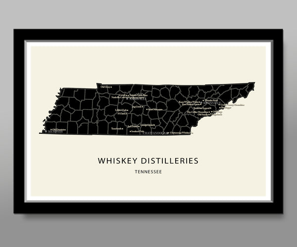 Tennessee Whiskey Distilleries Minimalist Map - 12x36, 13x19 or 24x36 Inches - Home Decor