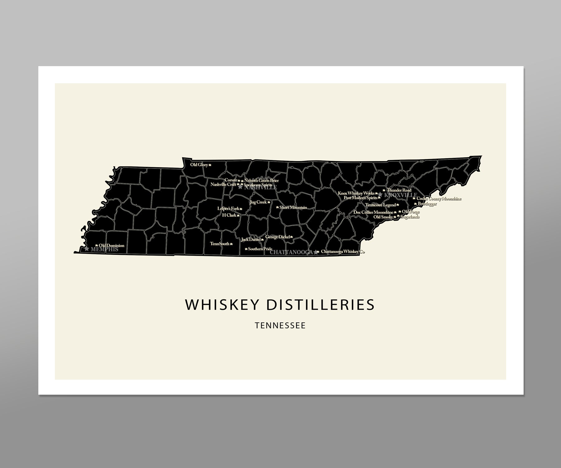Tennessee Whiskey Distilleries Minimalist Map - 12x36, 13x19 or 24x36 Inches - Home Decor