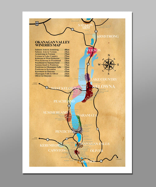 Okanagan Valley Wineries Poster - 13x19 16x24 or 24x36 or 12x36 Inches - (Print 311) - Home Decor