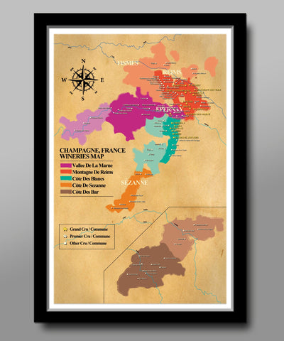 Champagne France Wineries Map - 13x19 16x24 or 24x36 Inch Poster - (Print 311) - Home Decor