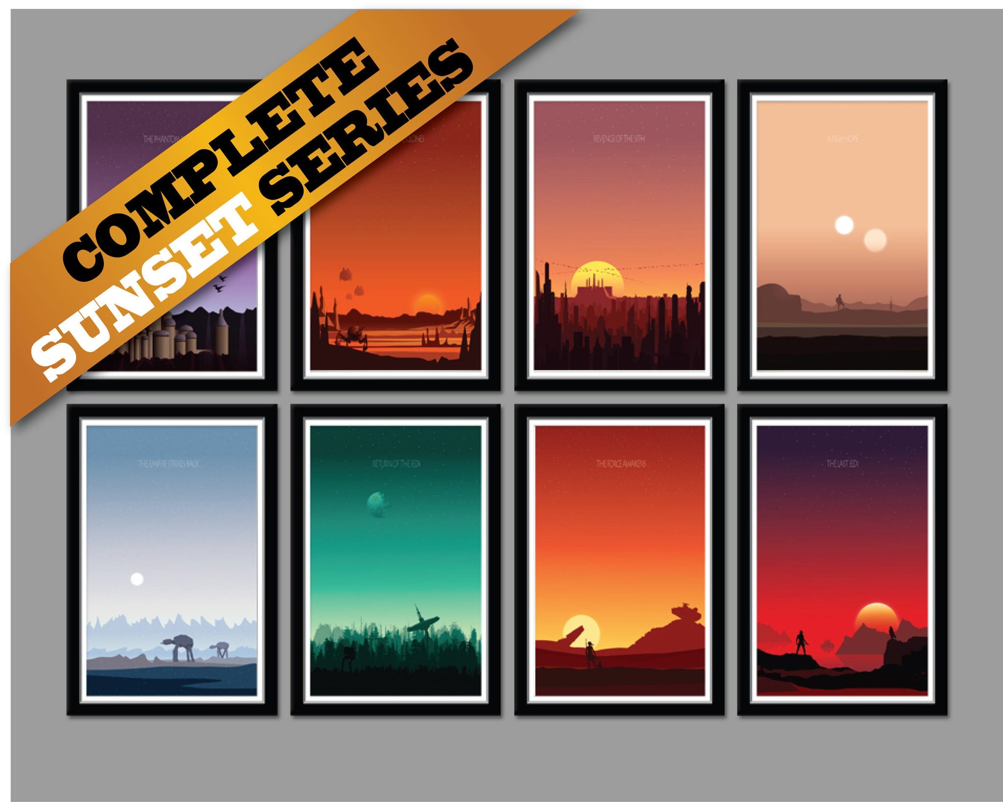 Star Wars Inspired - Minimalist Movie Poster Set - Complete Sunset Collection - Home Decor