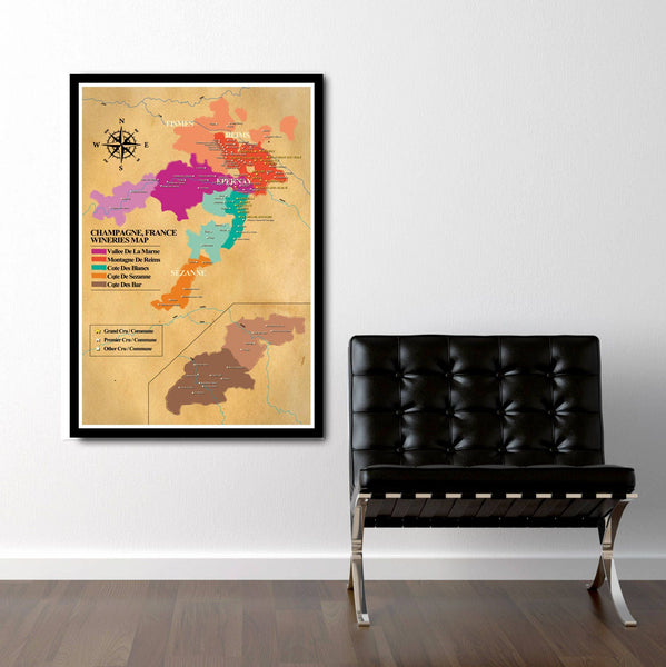 Champagne France Wineries Map - 13x19 16x24 or 24x36 Inch Poster - (Print 311) - Home Decor