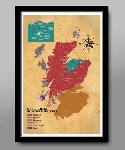 Classic Whiskey/Scotch Distilleries Map - Scotland Poster - Home Decor