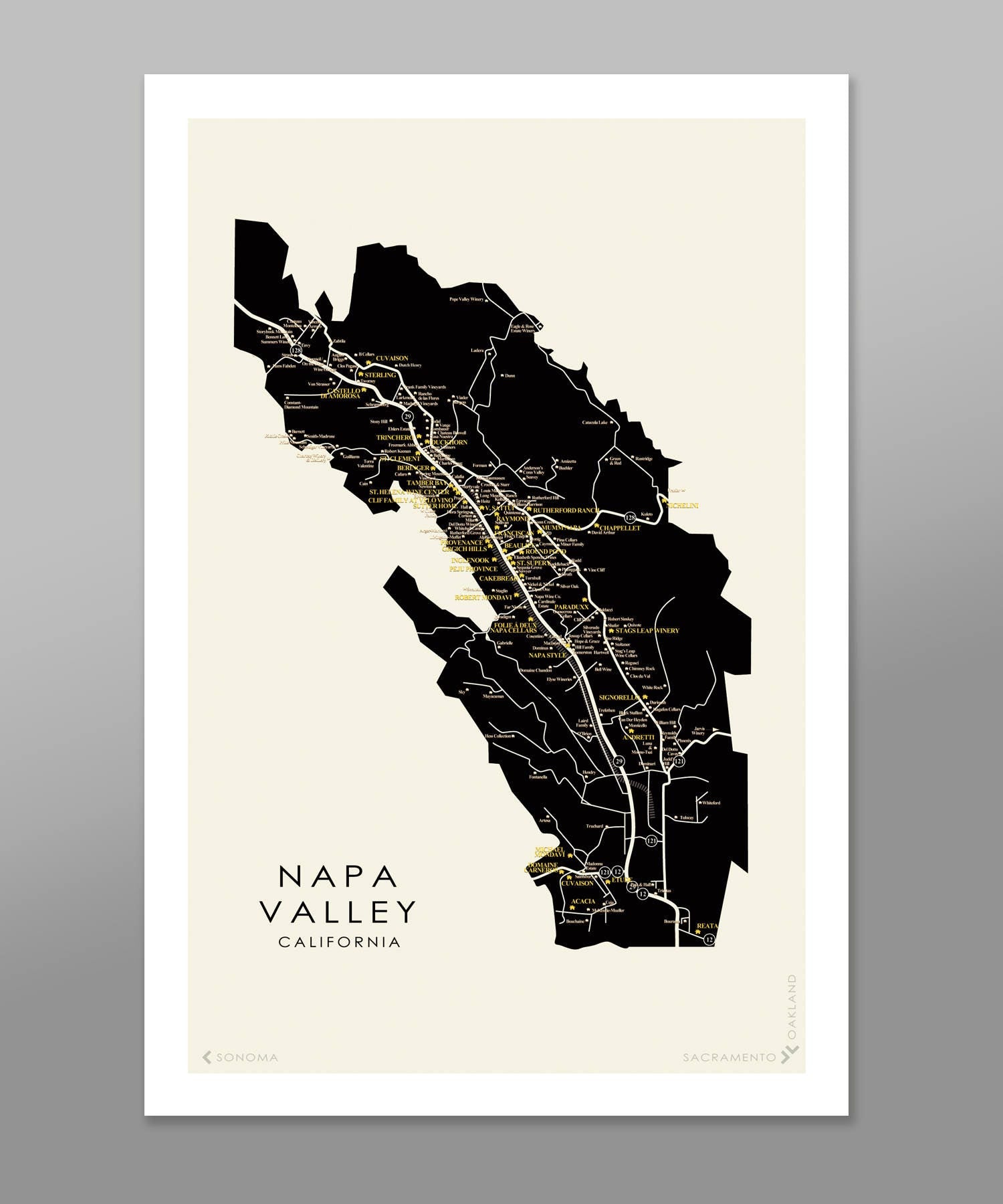 Napa Valley Wineries Minimalist Map - 13x19 16x24 or 24x36 Inches - Home Decor