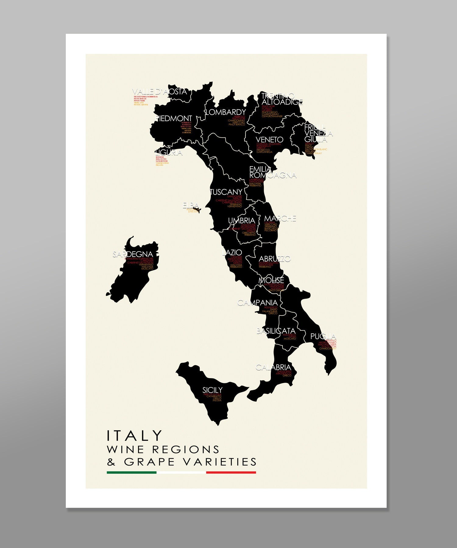 Italy Wine Regions and Grape Varieties Minimalist Map - 13x19 16x24 or 24x36 - Home Decor