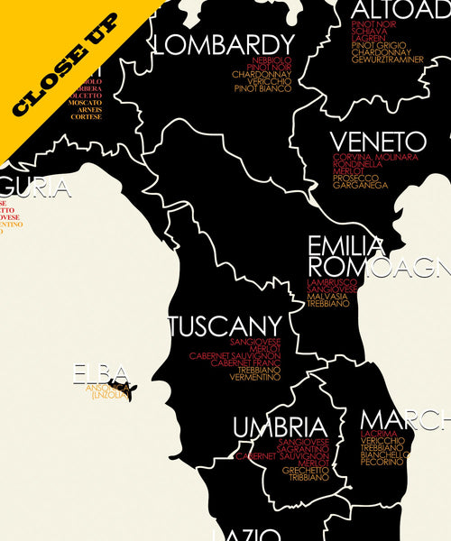 Italy Wine Regions and Grape Varieties Minimalist Map - 13x19 16x24 or 24x36 - Home Decor