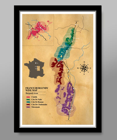 Classic Burgundy Regions of France Wine Map - Wine Poster - Home Decor