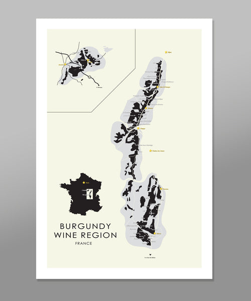 Burgundy Regions of France Minimalist Map - 13x19 16x24 or 24x36 Inches - Home Decor