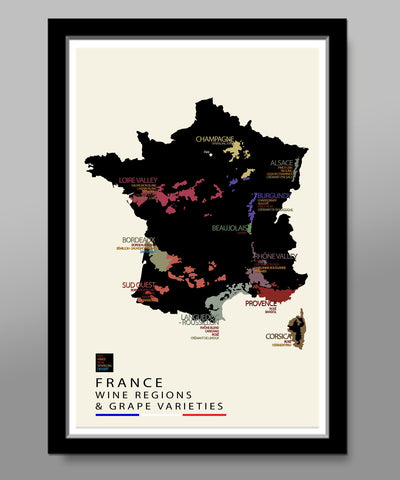 France Wine Minimalist Map - With Grape Varieties Poster - 13x19 or 24x36 Inches - Home Decor