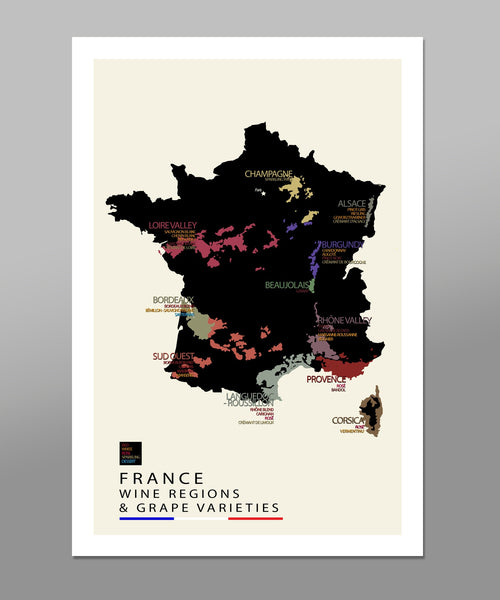 France Wine Minimalist Map - With Grape Varieties Poster - 13x19 or 24x36 Inches - Home Decor