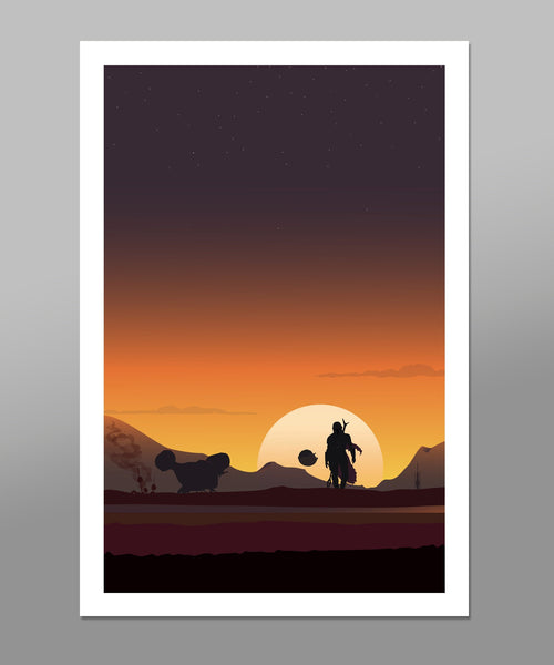 Mandalorian Tribute Sunset Art - 13x19 or 24x36 Inches - Print 529 - Home Decor