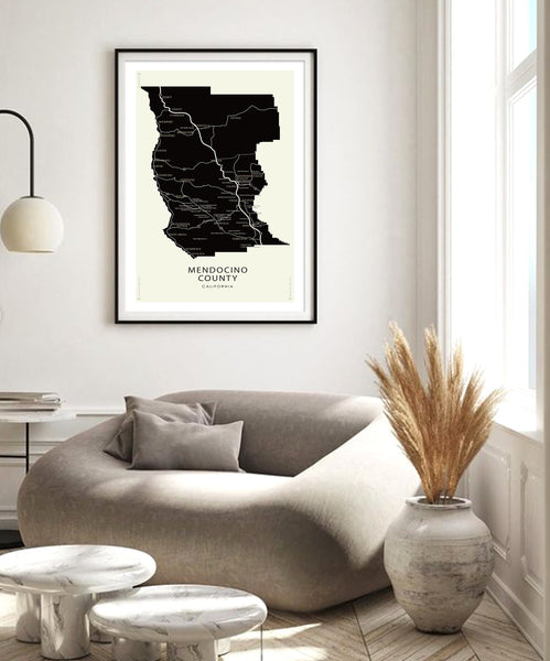 Mendocino County Minimalist Wineries Map - 13x19 16x24 or 24x36 Inches - Home Decor