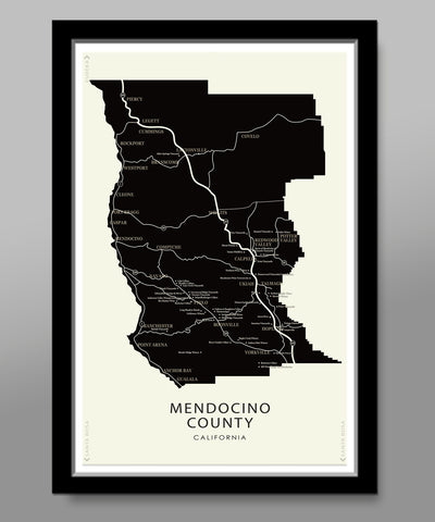 Mendocino County Minimalist Wineries Map - 13x19 16x24 or 24x36 Inches - Home Decor