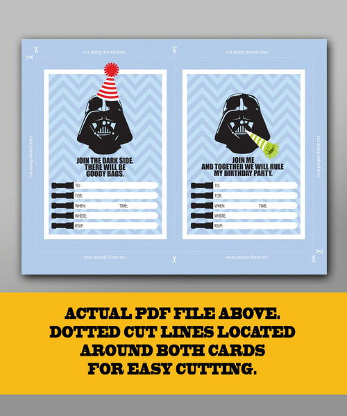 DOWNLOADABLE Darth Vader Inspired Birthday Invitations (cut to 5 X 7 inches each) - Instant Download